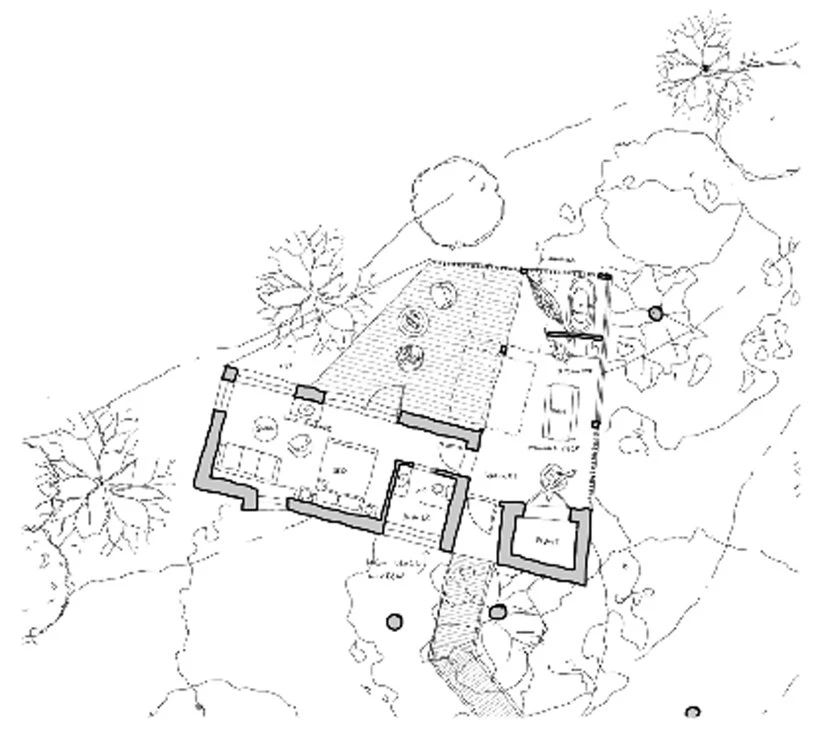 Supplied plan: sleeping, living, terrace and arrival relationships.