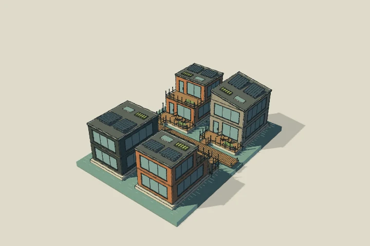 Illustrated model of floating dutch houses